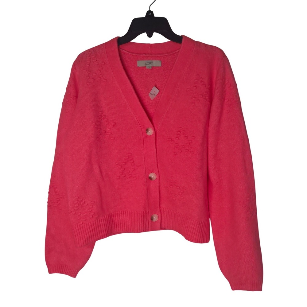 LOFT Pink Textured Star V-Neck Button Front Knit Cardigan Sweater Womens Large